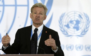 L'envoyé spécial de l'ONU pour la Syrie, Jan Egeland, lors d'une conférence de presse, le 17 mars 2016 à Genève