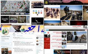 Capture d'écran (de G à D et de haut en bas) du blog des forces de défense israéliennes (IDF), de la page Flickr de Tsahal, du compte Twitter des Brigades al-Qassam, et du site Internet du Hamas.