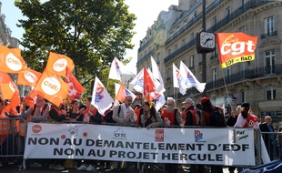 Plusieurs syndicats et agents EDF se sont rassemblés à l'angle du boulevard Saint-Germain et du boulevard Raspail en face du ministère de la Transition écologique et solidaire pour protester contre le projet «Hercule».