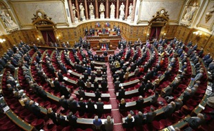 Les sénateurs debouts dans l'hémicycle, observent une minute de silence le 7 avril 2015 à Paris