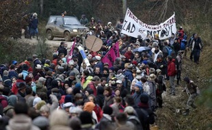 Des manifestants défilent sur un chemin forestier le 30 novembre 2014 pour protester contre la construction d'un Center Parc près de Roybon, en Isère