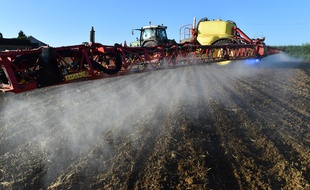 Un agriculteur français épand du glyphosate, le principe actif du Round-Up, désherbant le plus utilisé au monde, sur ses champs, en mai 2018.