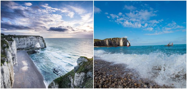 Etretat comme vous ne le verrez jamais à l'oeil nu VS Etretat, les pieds dans l'eau avec des vacanciers.