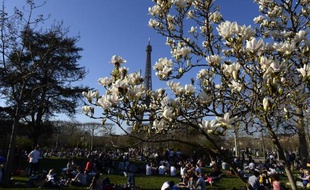 Des promeneurs devant la Tour Eiffel le 9 mars 2014 à Paris