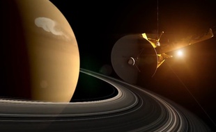 Image de synthèse montrant Cassini survoler une tempête géante sur Saturne.