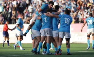 L'équipe uruguayenne de rugby lors du match contre les Etats-Unis, à Montevideo le 9 octobre 2021.