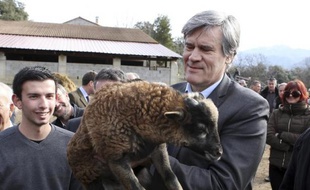 Stéphane Le Foll lors de la visite d'une ferme le 13 février 2015 à Sarolla-Carcopino