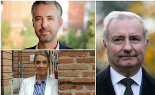 Antoine Maurice (Archipel Citoyen, en haut) et Nadia Pellefigue (PS, PCF, PRG, en bas) et Jean-Luc Moudenc (LR, soutenu npar LREM, à droite).
