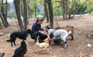 Aurélie au milieu de ses animaux.