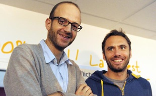 Les co-fondateurs de l'entreprise Michel et Augustin, Augustin Paluel-Marmont (d) et Michel de Rovira (g) au siège de leur société à Boulogne le 7 octobre 2013