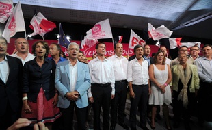 Manuel Valls, Claude Bartolone et Jean-Christophe Cambadélis le dimanche 30 août, en clôture de l'université d'été du PS de La Rochelle.