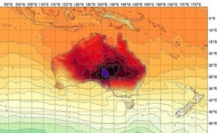 Une carte des températures en Australie durant la vague de chaleur de janvier 2013.