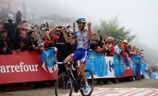 Thibaut Pinot a remporté la 15e étape du Tour d'Espagne, au sommet des Lacs de Covadonga, le 9 septembre 2018.