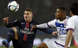 Verratti et Beauvue lors du match PSG-Lyon du 13 décembre 2015 en Ligue 1.