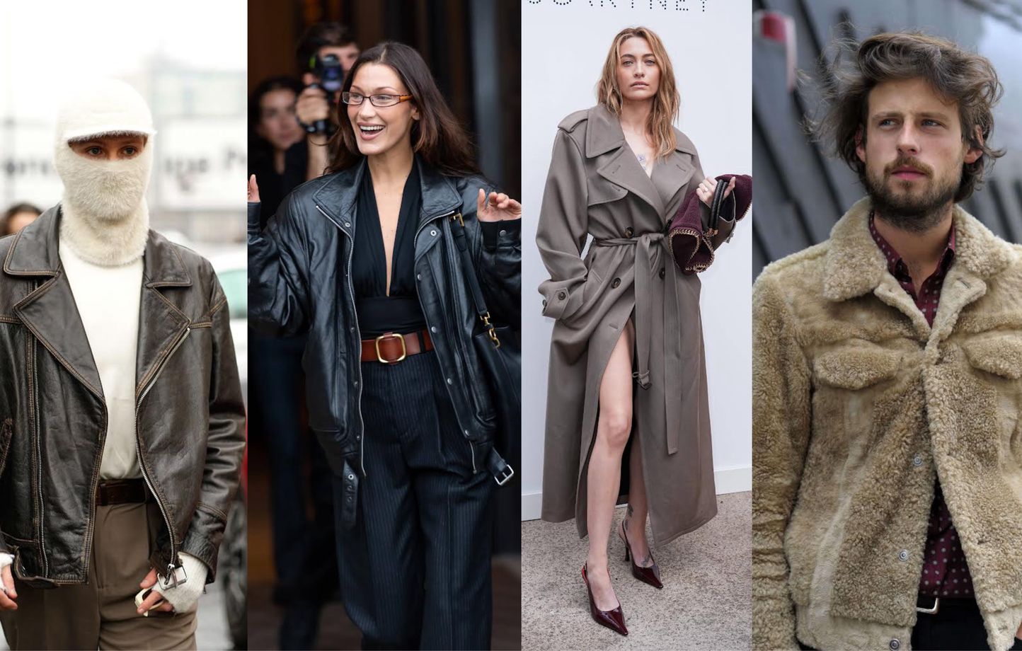 Collage de 20 Minutes : Perfecto porté par un homme/Bella Hadid en bomber en cuir oversized/Paris Jackson avec un trench/Michael Duce avec une veste moutonnée