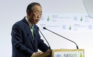 Le secrétaire général de l'ONU, Ban Ki-moon lors de la conférence internationale (COP21) qui s'est ouverte le 30 novembre 2015 à Paris