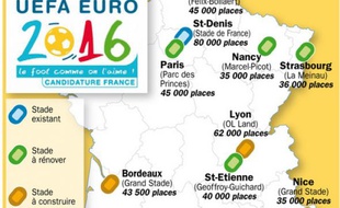 Les villes françaises candidates pour l'Euro 2016.
