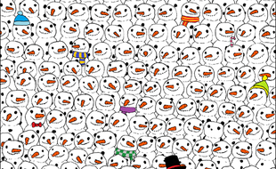 Difficile de retrouver le panda qui se cache parmi tous ces bonshommes de neige.