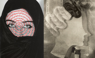 A gauche: « I am its secret (Je suis son secret)», 1993, de Shirin Neshat. A droite: « Komol, publicité pour une teinture capillaire», 1932, d’Ellen Auerbach.
