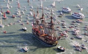 In this photo dated, Sunday, Sept. 7, 2014, the three masts of the 213 feet long frigate Hermione whose hull is made entirely of oak sails on its first test on the sea toward the Ile d'Aix, southwest France. Since 1997, a passionate team rebuilt the frigate Hermione, which, in 1780, allowed La Fayette to cross the Atlantic to America and join the American rebels in their struggle for independence. The Hermione Lafayette Trip project is aimed to cross the Atlantic in 2015. (AP Photo/David Compain, City of Rochefort)/PAR503/190408267394/PHOTO DATED SUNDAY, SEPT. 7, 2014. AP PROVIDE ACCESS TO THIS PUBLICY DISTRIBUTED HAND OUT PHOTO PROVIDED BY THE CITY OF ROCHEFORT/1409091047