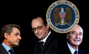 Photomontage de Nicolas Sarkozy, François Hollande et Jacques Chirac, mis sur écoute par la NSA, selon des documents de WikiLeaks.