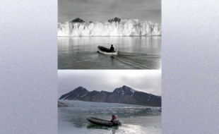 Ces deux images, prises en 1918 et 2002, montrent le recul du glacier Blomstrandbreen, situé à l'est du Groenland.