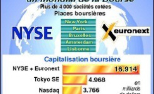 Nyse Euronext sera fort d'une capitalisation boursière de 20 milliards de dollars (15 milliards d'euros) et la valeur de l'ensemble des entreprises qui y seront cotées atteindra 27.000 milliards de dollars (21.000 milliards d'euros), indiquent les deux sociétés dans un communiqué commun.