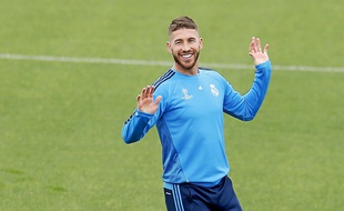 Le défenseur du Real Madrid Sergio Ramos, le 2 mai 2015 à l'entraînement.