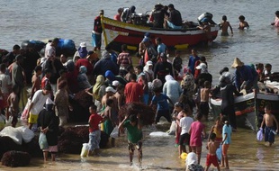 Des pêcheurs débarquent leur cargaison d'algue rouge sur la plage d'El Jadida, au Maroc, le 20 août 2014
