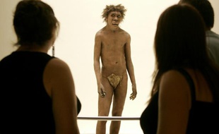 Des visiteurs observent la représentation d'un homme de Néandertal, le 19 juillet 2004 au musée national de la Préhistoire des Eyzies-de-Tayac, près de la grotte de Lascaux