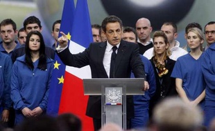 Nicolas Sarkozy lors de ses voeux aux forces économiques le 13 janvier 2011 dans une usine Airbus près de Toulouse.