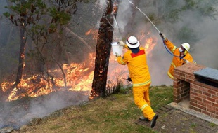 Des pompiers australiens tentent de protéger une maison contre un incendie, le 22 octobre 2013 dans les Montagnes Bleues, près de Sydney