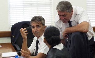 Saint-Domingue (République dominicaine), le 05 juin 2015. Bruno Odos (gauche) et Pascal Fauret comparaissent au tribunal dans l'affaire dite «Air Cocaïne».