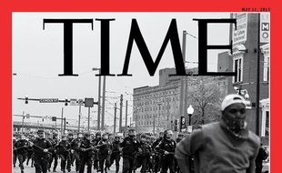 La Une du Time Magazine, où l'on retrouve une photo de Devin Allen, habitant de Baltimore, avec le Titre «America 1968», en référence aux émeutes de la même année, barré et remplacé par «2015».