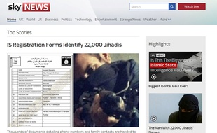 Capture d'écran du site internet de Sky News faisant état d'une liste de 22.000 djihadistes.