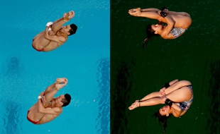 Contraste saisissant entre l'eau bleue le 8 août et verte le 10 du même bassin de plongeon à Rio 2016.