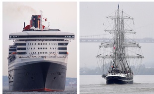 Le Queen Mary 2 (à gauche) et le Belem (à droite).
