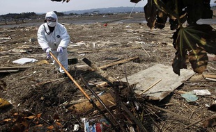 Un policier recherche des disparus après le séisme qui a frappé le Japon le 11 mars 2011, près de Fukushima.