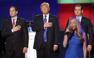Les candidats républicains Marco Rubio, Donald Trump et Ted Cruz, lors du débat du 25 février 2016.