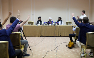 Des membres du mouvement taliban ont tenu une conférence de presse ce 9 juillet 2021 à Moscou.