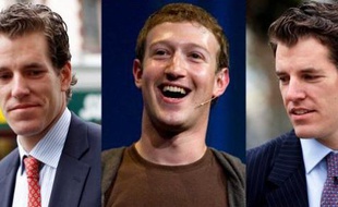 Le fondateur de Facebook, Mark Zuckerberg, entre les jumeux Winklevoss, Cameron (gauche) et Tyler (droite).