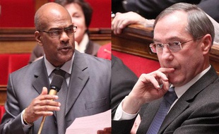 Montage montrant Serge Letchimy (g) et Claude Guéant à l'Assemblée nationale, le 7 février 2012.