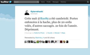 Capture d'écran du compte twitter de Pierre Haski, annonçant le cambriolage des locaux de rue89, le 21 décembre 2010.