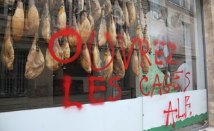 Cette charcuterie de jambon pata negra à Bordeaux a été taguée par le Front de Libération des Animaux le week-end du 8 janvier 2017.