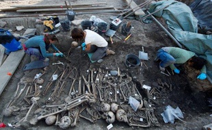 Plus de 150 squelettes datant du XIVe siècle, et certainement morts de la peste noire, ont été découverts dans des fosses lors de fouilles archéologiques, à Toulouse, à l'été 2014.