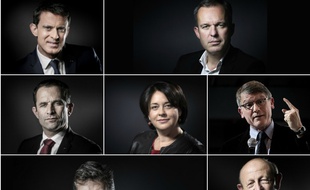 Les candidats à la primaire organisée en janvier 2017 par le PS: Manuel Valls, François de Rugy, Benoît Hamon, Sylvia Pinel, Vincent Peillon, Arnaud Montebourg et Jean-Luc Bennahmias.