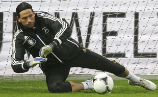 Tim Wiese lors d'un entraînement avec l'équipe nationale allemande le 28 février 2012.