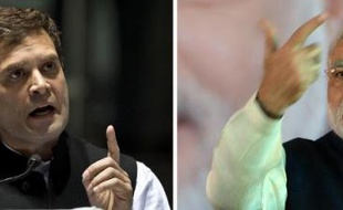 Rahul Gandhi et Narendra Modi, les deux candidats qui s'affrontent en Inde pour le poste de Premier ministre, photos prises à New Dehli les 17 et 19 janvier 2014