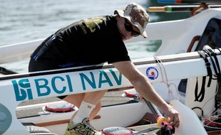 Bertrand de Gaullier des Bordes, au départ de la traversée de l'Atlantique à la rame «Bouvet Rames Guyane», le 8 mars 2009.