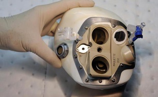 Un employé de Carmat tient dans sa main un coeur artificiel fabriqué par sa société, en 2009, à Vélizy-Villacoublay, près de Paris